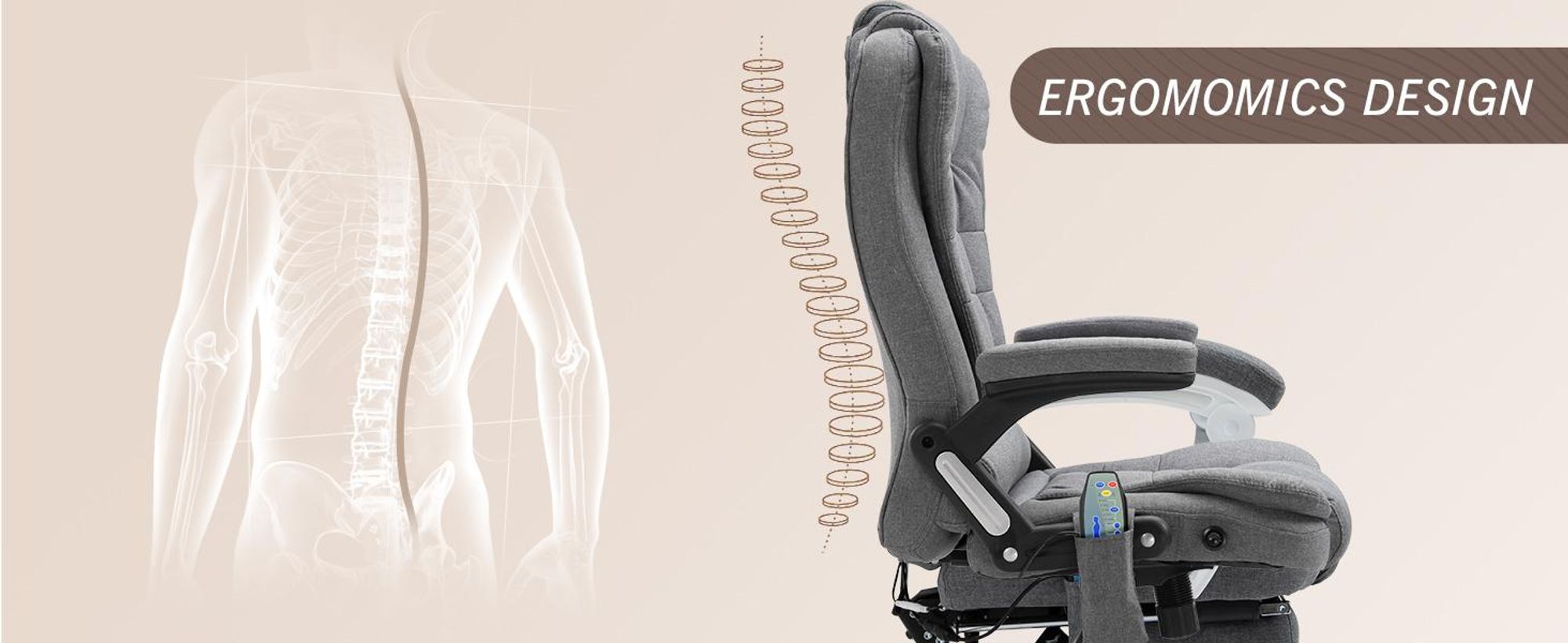 Fotel biurowy Vinsetto z funkcją masażu. Ergonomiczny fotel gabinetowy z funkcją podgrzewania, odchylania i bujania. Regulowana wysokość, obrotowy o 360°. Fotel komputerowy z kieszenią boczną, imitacja lnu, szary.