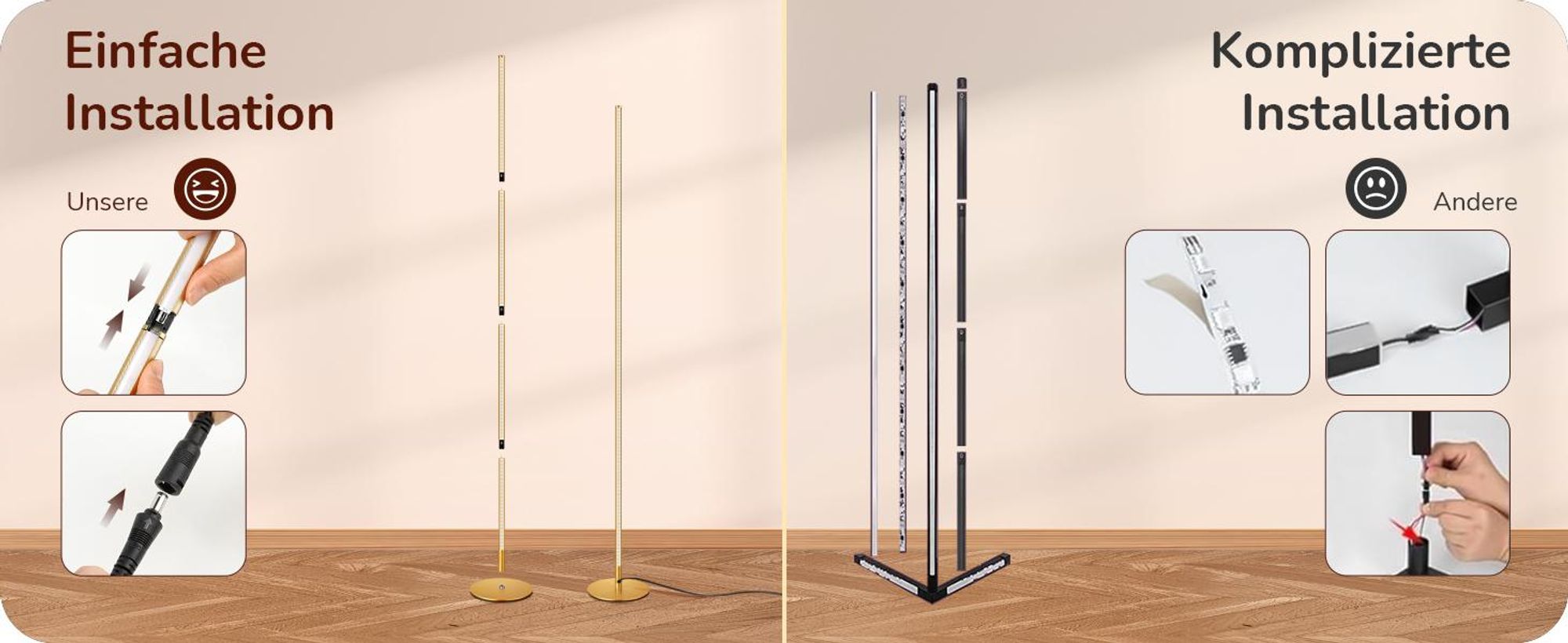 EDISHINE Stehlampe Wohnzimmer Dimmbar, LED Stehleuchte höhenverstellbar, Gold
