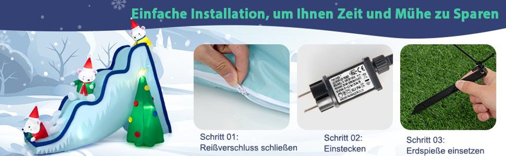 COSTWAY 220cm Aufblasbare Weihnachtsrutsche LED, beleuchtete  Weihnachtsdekoration mit Gebläse, Schneerutsche, Weihnachtsbaum & 3 Eisbären