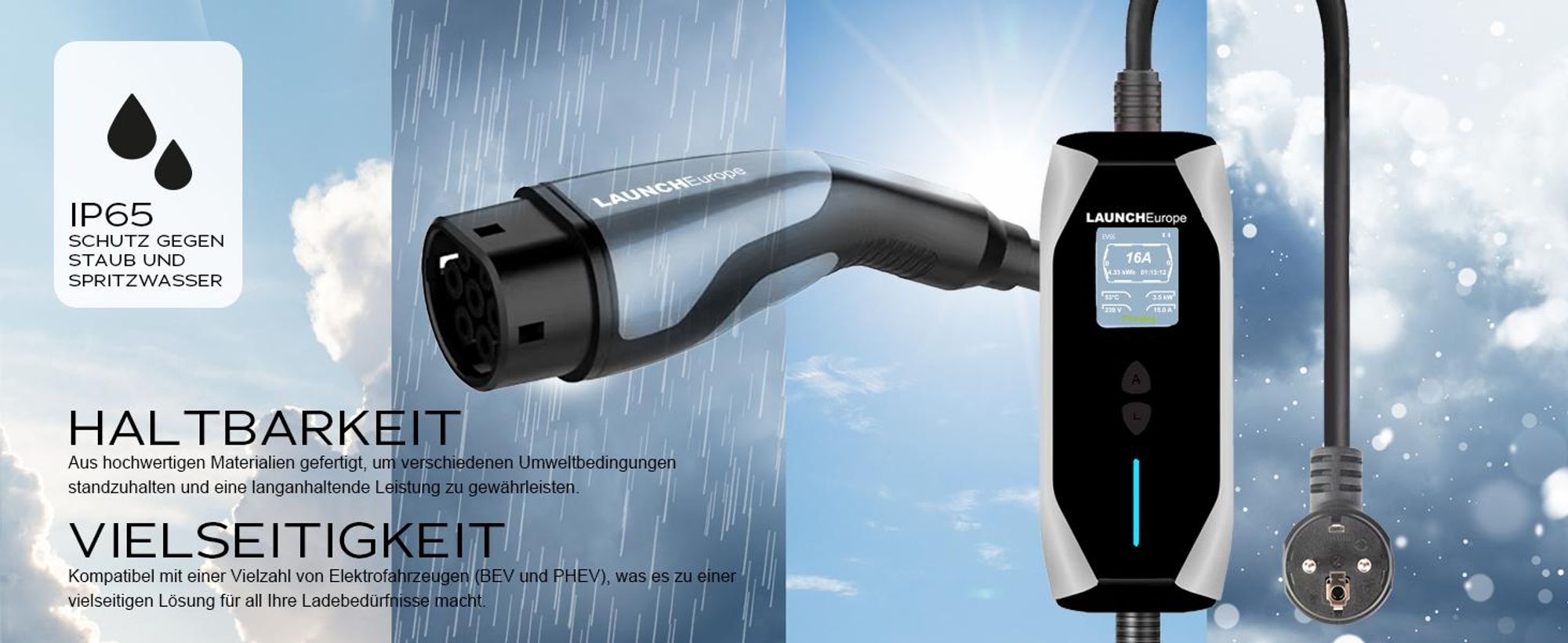 LAUNCH Tragbares Elektroauto-Ladegerät 3,68 kW 16A 3-phasig Typ 2 - 7m Kabel mit Schuko-Stecker,250V,mit 0-12h verzögertes Laden