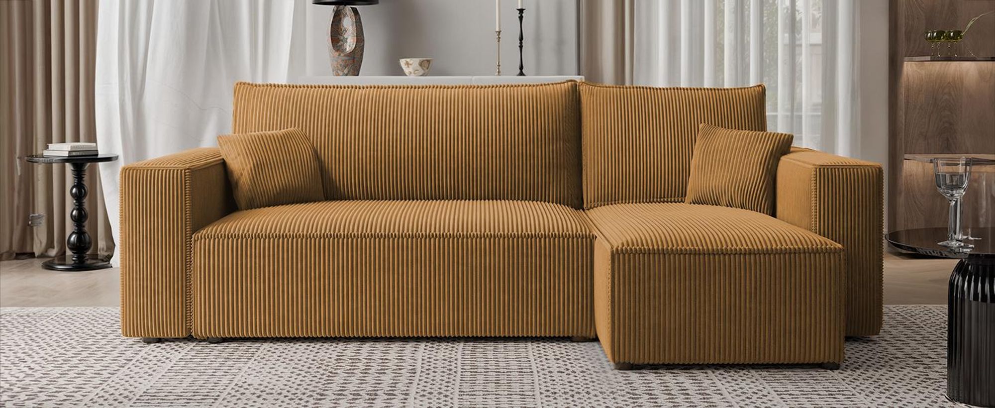 Idohome - PIANO L Ecksofa mit Schlaffunktion und Bettkasten 248x145 cm, Universal, L-Form - Farbe Senfgelb Poso 01