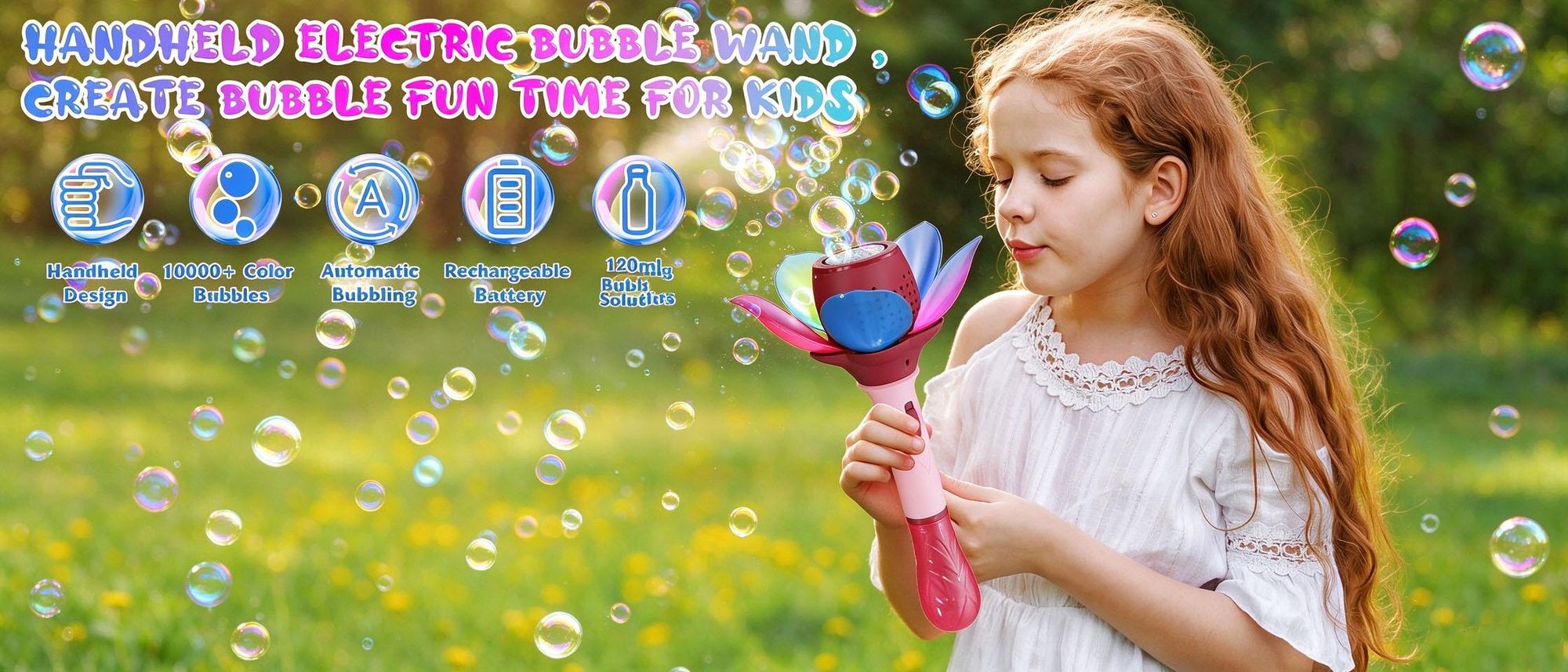 Juksun Seifenblasen Lotusblume pink 10x33cm 120ml Seifenblasenmaschine elektrisch Seifenblasenstab Licht für Kinder Party und Garten