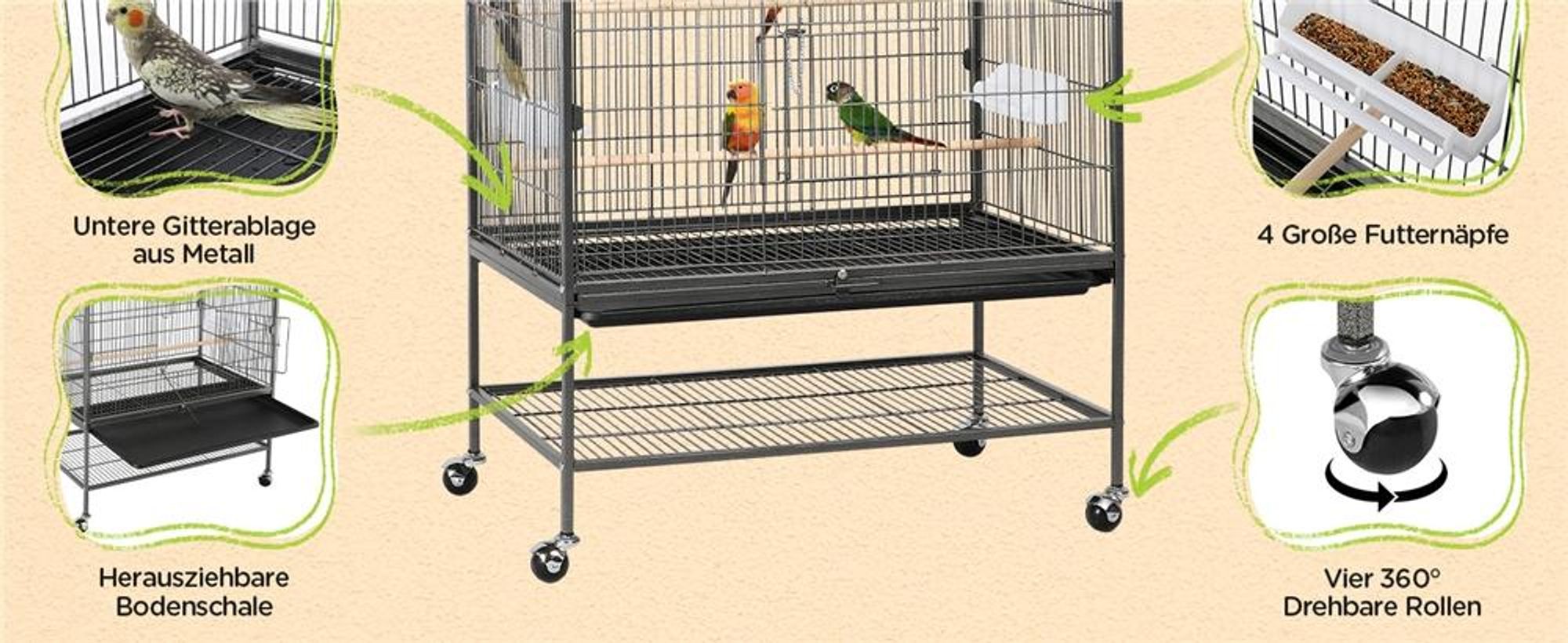 Yaheetech Vogelkäfig mit Ständer, Vogelvoliere mit 3 Holzstangen und 4 Futternäpfen, Wellensittich Käfig mit 4 Rollen, Voliere für Papageien, Schwarz