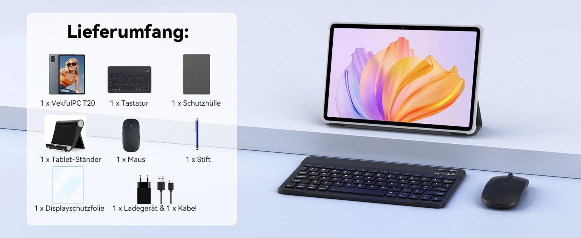 VekfulPC 10 Zoll Set Tablet, 24(8+16)GB RAM+256GB ROM (2TB TF), Android 16/5000mAh/Widevine L1/5G WiFi/Face ID, Grau
