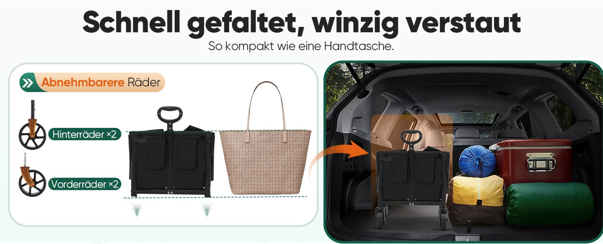 Sekey Bollerwagen, Faltbarer Handwagen 4 Räder, 80KG / 60L, Schwarz
