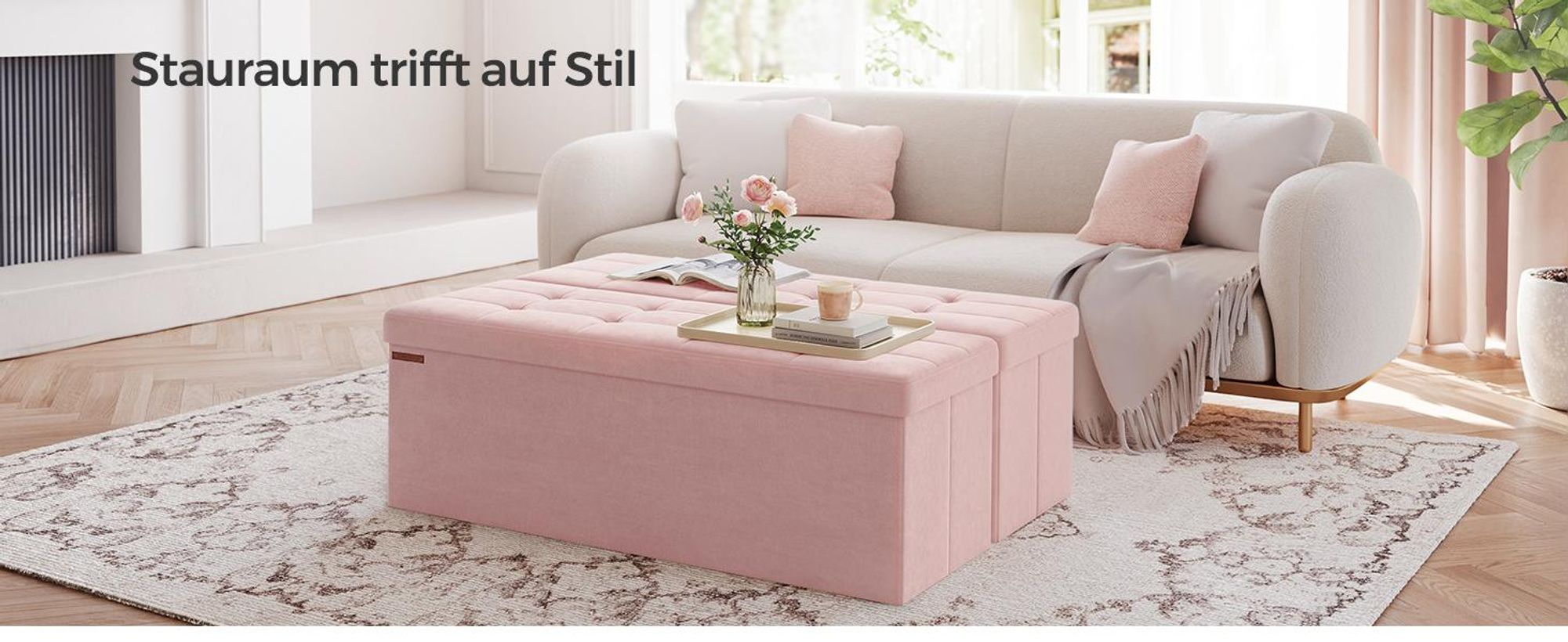 SONGMICS Sitzbank mit Stauraum, klappbare Sitztruhe, 2 extra Aufbewahrungsboxen, 38 x 110 x 38 cm, bis 300 kg belastbar, pastellrosa