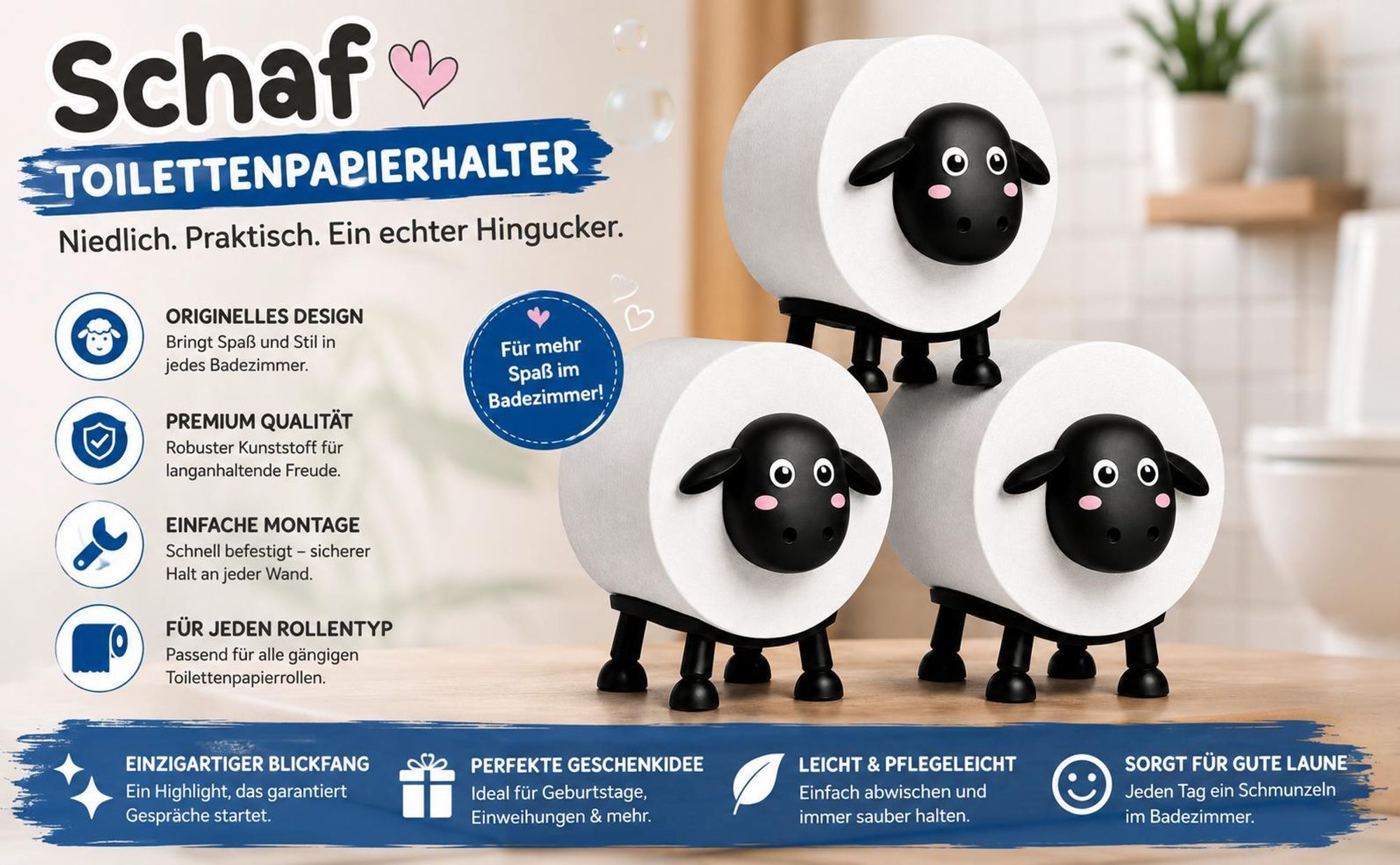 WC Rollenhalter Schaf Lustiger Toilettenpapierhalter 3 Stück für Bad & Gäste-WC | Deko-Rollenständer für 3 Rollen – Kreativer Papierhalter Schwarz