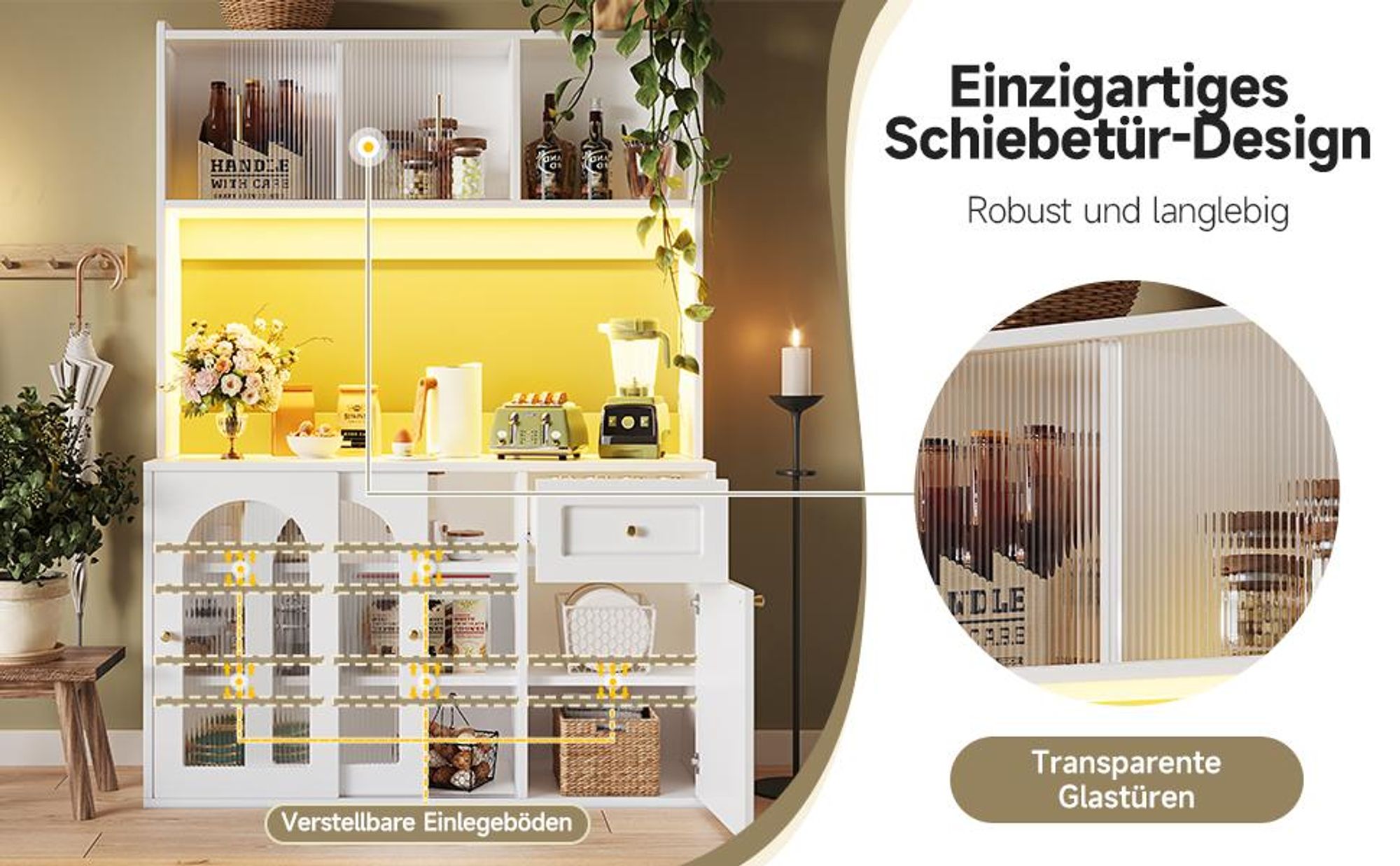 Flieks Hochschrank 120x35x167 cm, Küchenbuffet mit LED, Aufbewahrungsschrank mit Glasschiebetüren, weiß