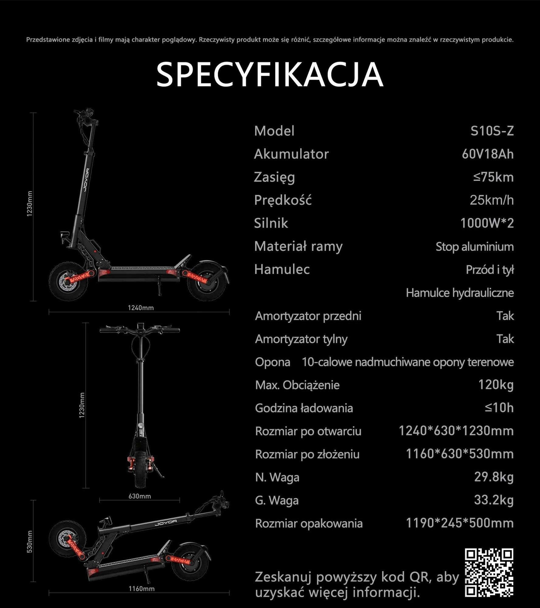 Joyor S10-S-Z 2025 Składany Hulajnoga Elektryczna – 1000W Podwójny Silnik Akumulator 60V18Ah Kolorowy Wyświetlacz o Wysokiej  – Czarny