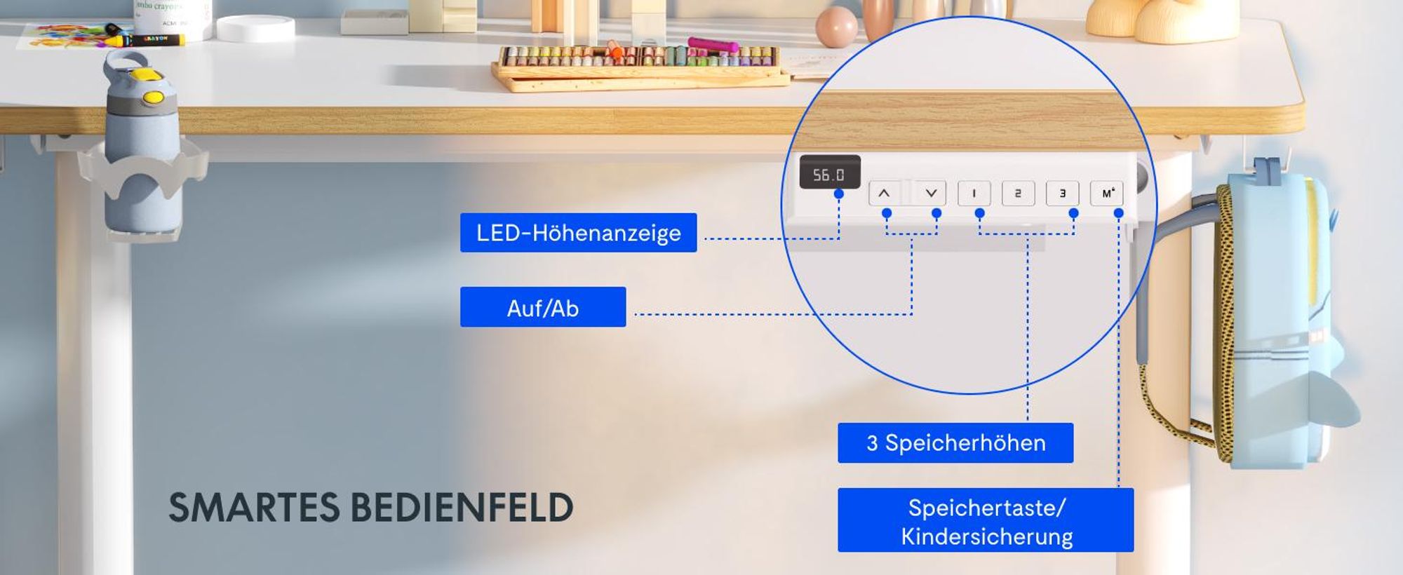 FLEXISPOT Kinderschreibtisch und Stuhl Set, elektrisch höhenverstellbar Schreibtisch, für Kinder ab 6 Jahren, mit 3 Speicherplätzen, Kindersicherung