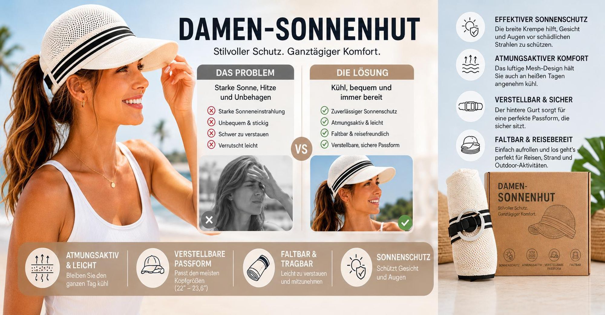 Verstellbarer 55–60 cm Damen Sonnenhut, Atmungsaktiver Sommerhut für Damen, Schirmmütze - SUNIHAT Beige