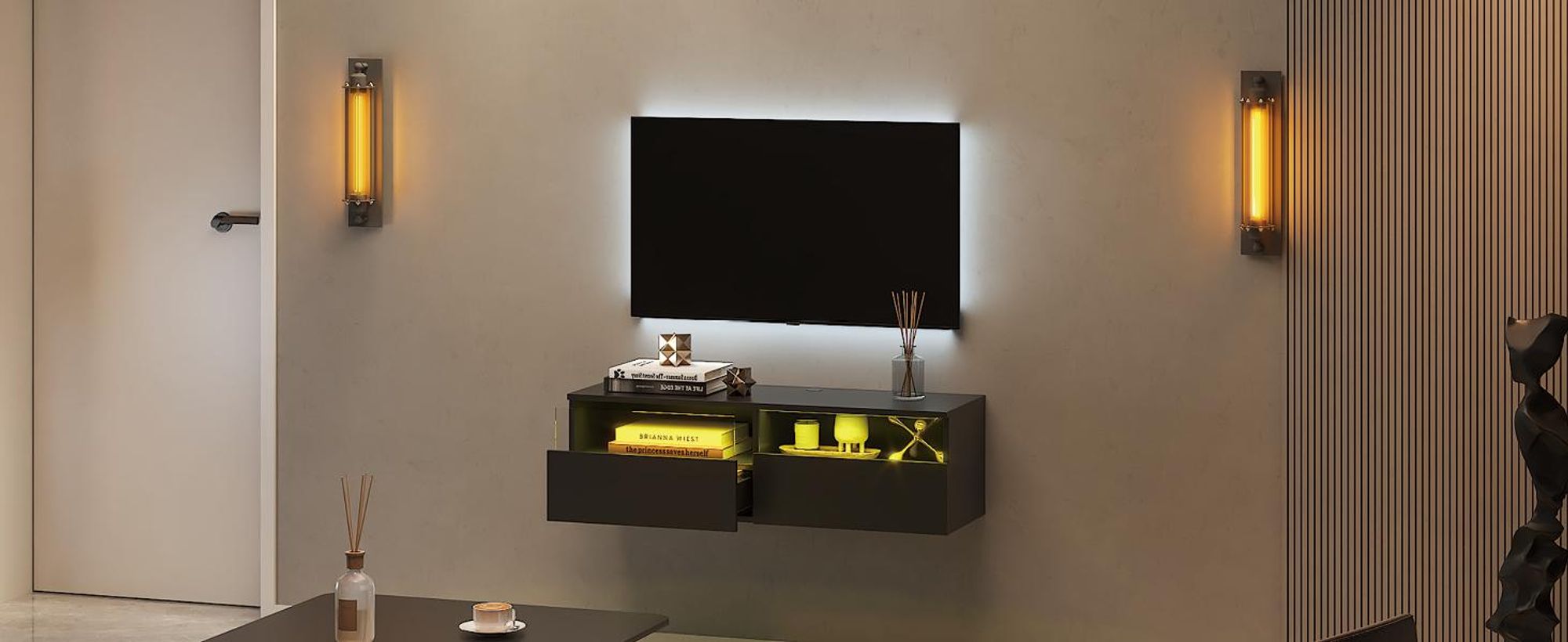 Radelldar Lowboard mit LED-Beleuchtung, TV-Schrank, hängend, grifflose TV-Board, 2 Schubladen mit Acryl, 100 cm, Schwarz