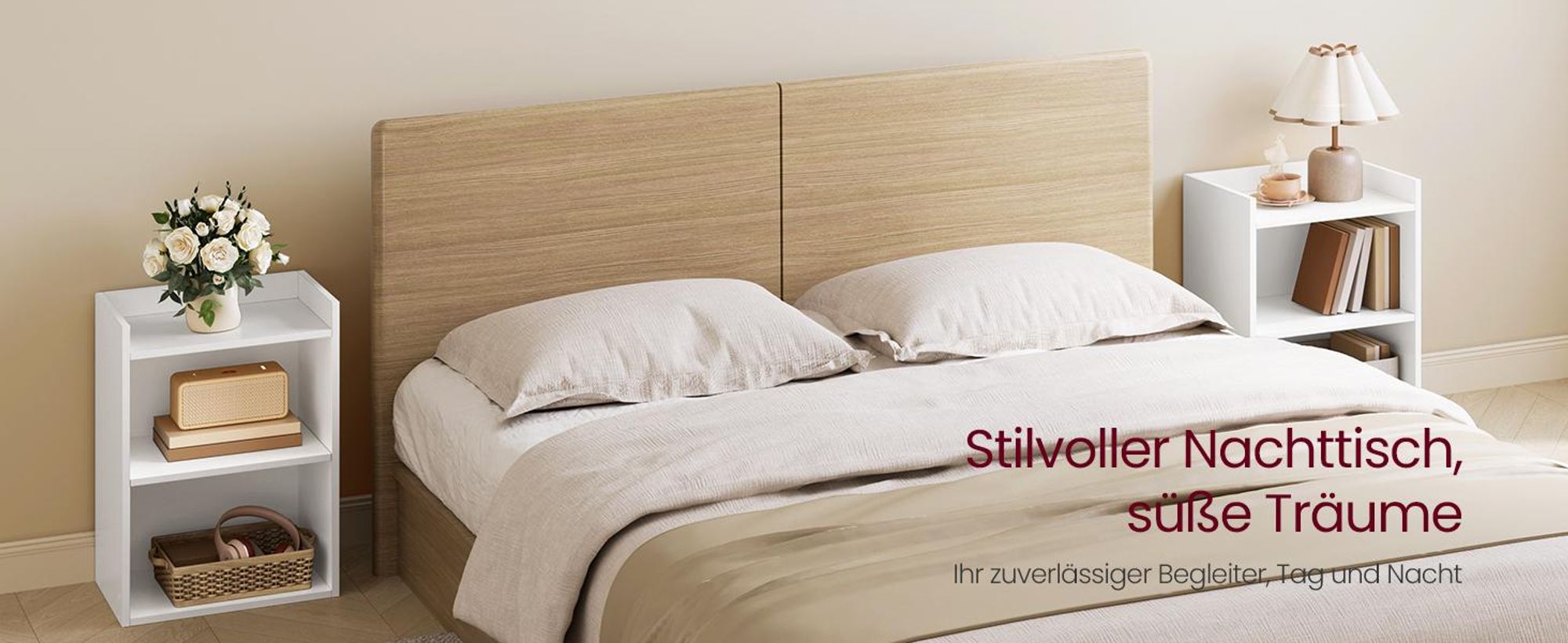 VASAGLE Beistelltisch mit flexibler Ablage, 2er Set, Nachtschrank mit offenen Fächern, für Wohnzimmer, Schlafzimmer, weiß