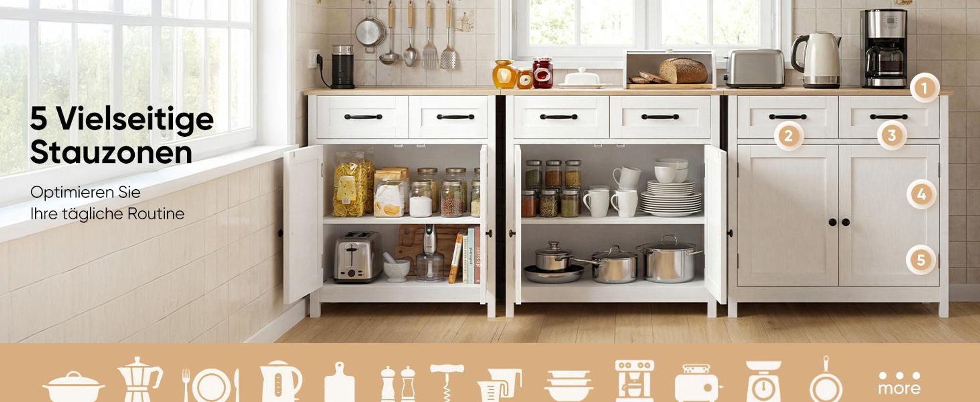 HOKEEPER Küchenschrank, Sideboard Wohnzimmer, Kommode mit 2 Schubladen und 2 Türen, Küchenbuffet mit Arbeitsplatten, Braun