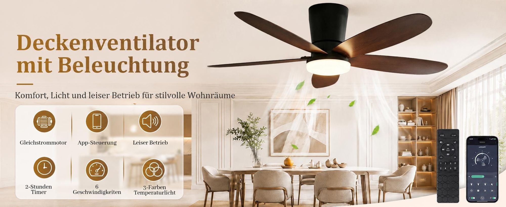 106cm Deckenventilator mit Beleuchtung und Fernbedienung DC Motor 3 Farbtemperatur Dimmbar 6 Stufen APP-Steuerung