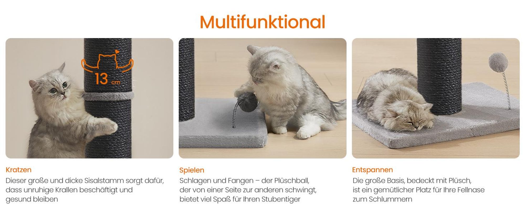 Feandrea Kratzbaum, Kratzstamm für mittelgroße und große Katzen, mit Plüschball
