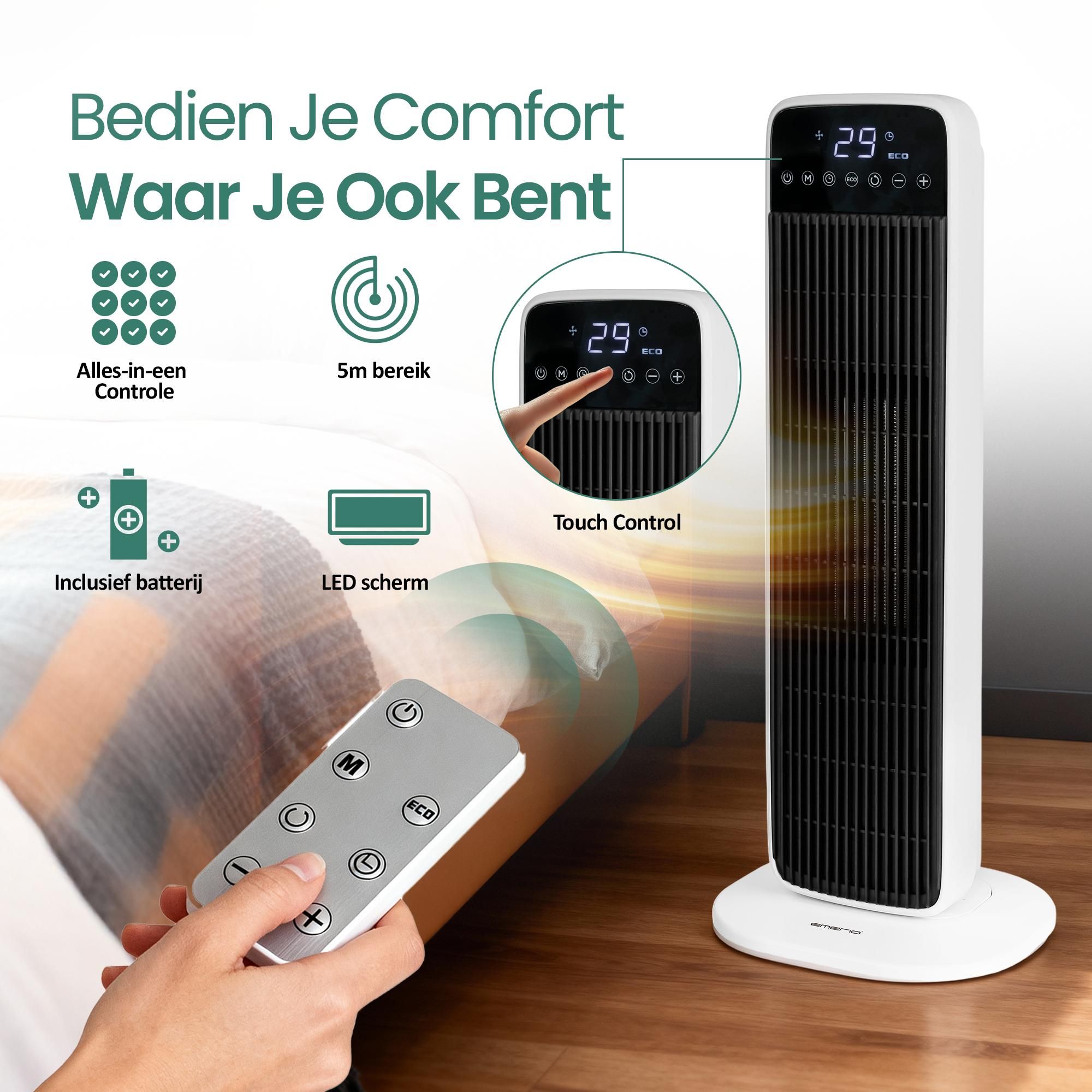 Emerio PTC-Ventilatorkachel – 15 m² – 2 Standen – Instelbare Thermostaat – Oscillatiefunctie – Touchbediening – Timer – Afstandsbediening – FH-132333