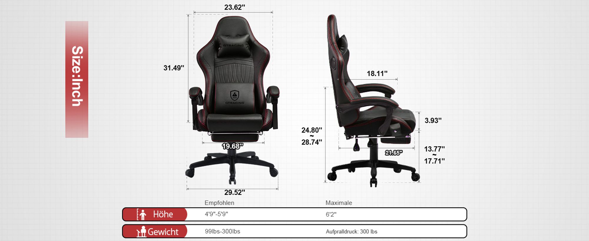 GTPLAYER Gaming-Stuhl ACE PRO, Ergonomischer Bürostuhl Neigbare Armlehnen Mit Fußstütze, Hi-Fi Lautsprecher, Beeindruckende Klang-atmosphäre, Rotwein