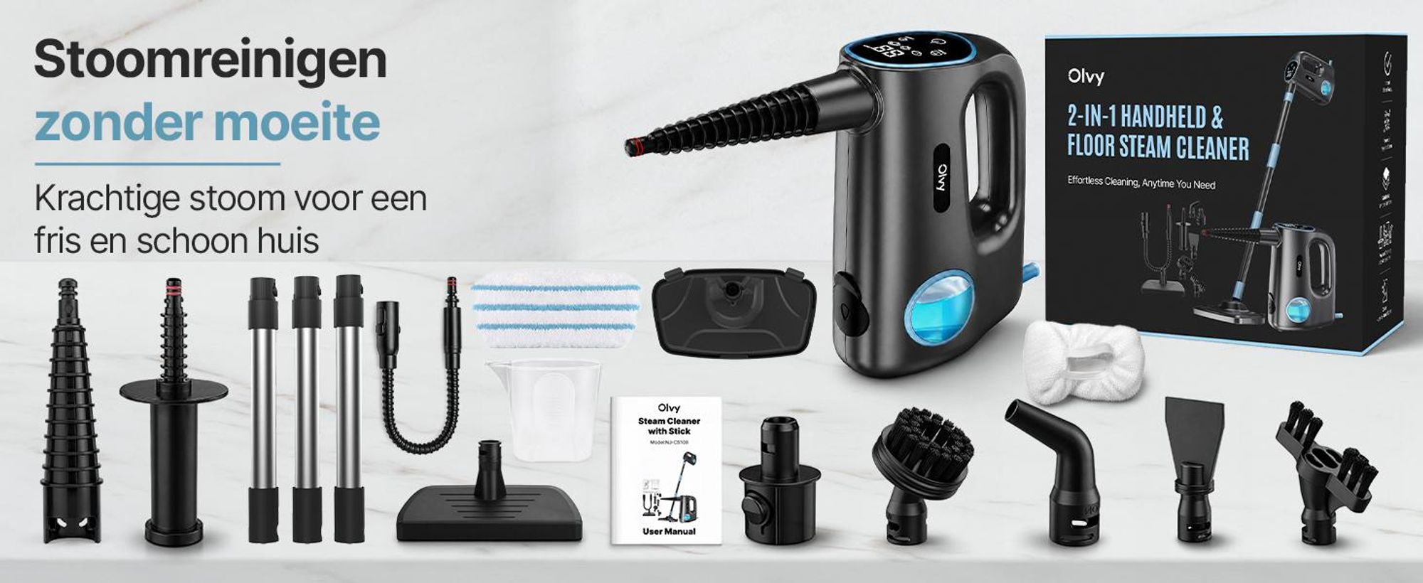 Olvy 14-in-1 stoomreiniger met dweilfunctie en touchscreen – 125 °C stoom – Handheld stoomreiniger voor tapijten, banken en harde vloeren – 5 meter kabel