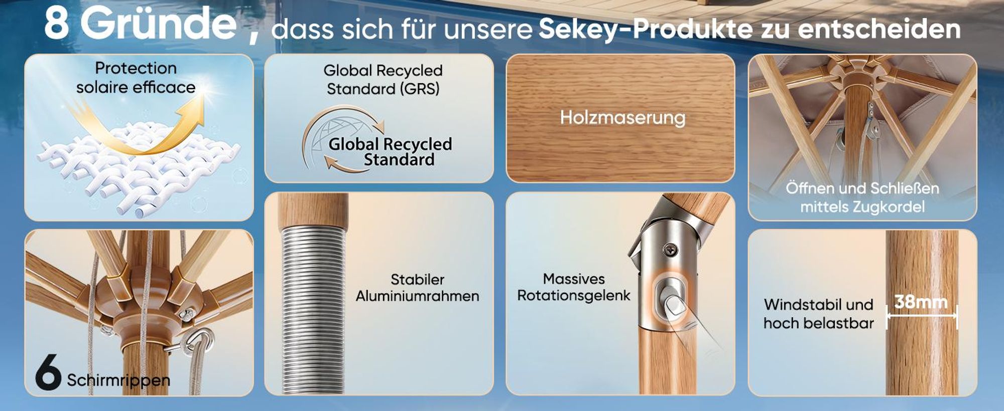 Sekey Balkonschirm 200 cm Ø Holzoptik, Knickbar, Stabiler Gartenschirm, UV-Schutz 50+, Sonnenschirm für Terrasse und Hof, Taupe