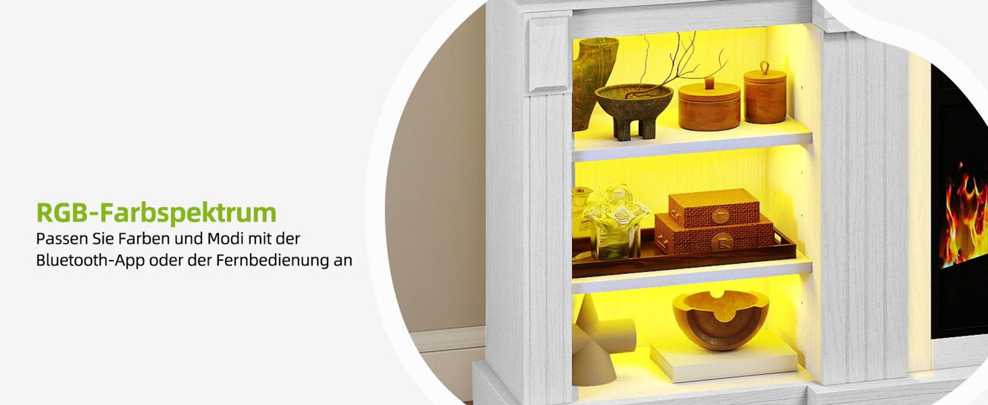 Elektrokamin mit Kaminsims und Schrank, 17–27 °C, Elektrischer Kamin mit Flammeneffekt Kaminofen LED Heizung, mit Fernbedienung