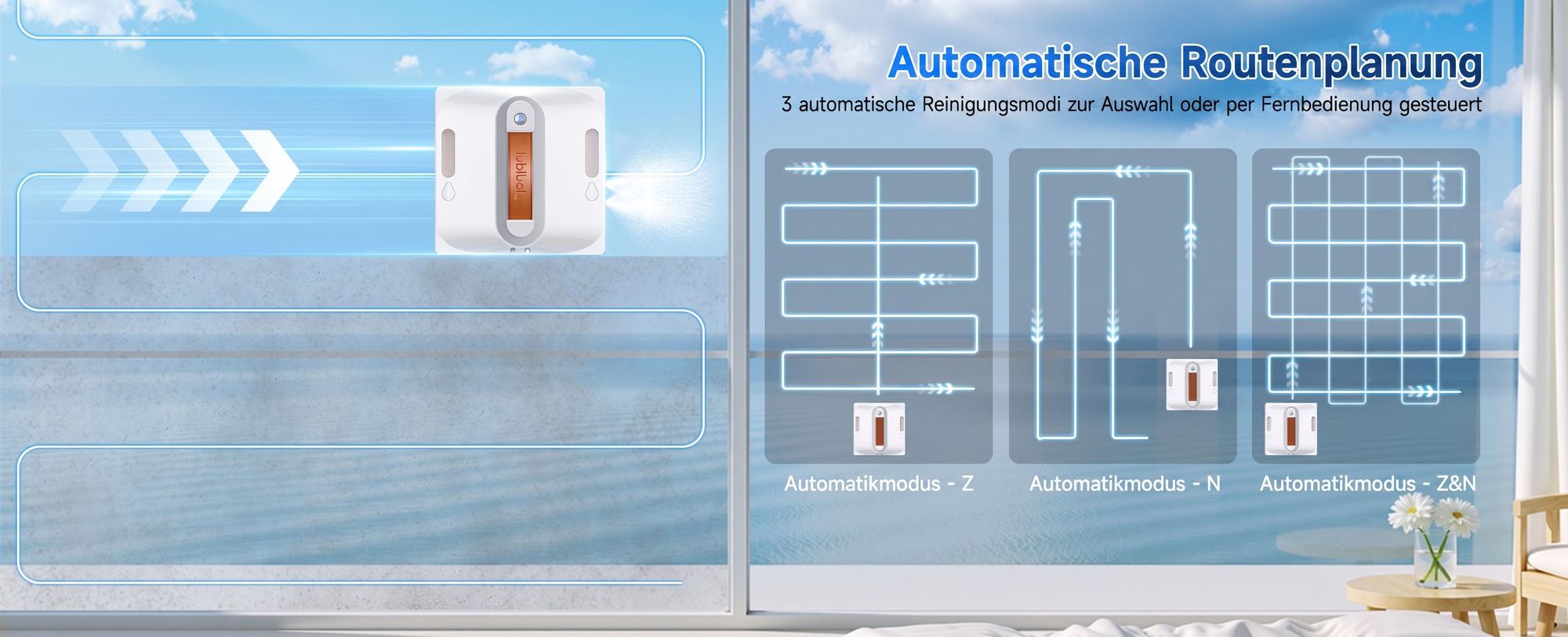 Lubluelu Smart Fensterputzroboter, 9000Pa Saugkraft, Automatische Routenplanung, Kantenreinigung, Waschbare Mikrofasertücher, Doppelseitige Sprühdüsen