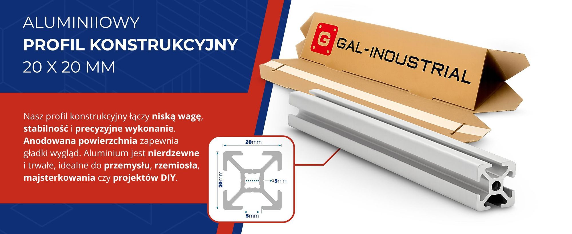 Profil Konstrukcyjny Aluminiowy 20X20 R5 100Cm Anodowany Cięcie Na Wymiar