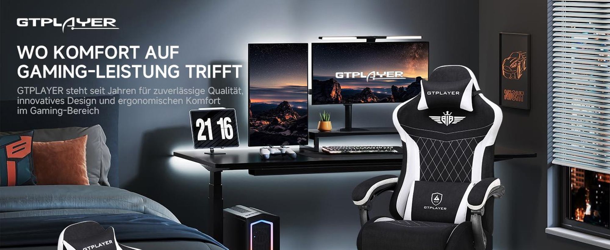 GTPLAYER Gaming Stuhl, Ergonomischer Gamer Stuhl aus Stoff mit Lendenwirbelstütze, PC-Stuhl mit verbreiterter Rückenlehne, Belastbar bis 150 kg, Schwa