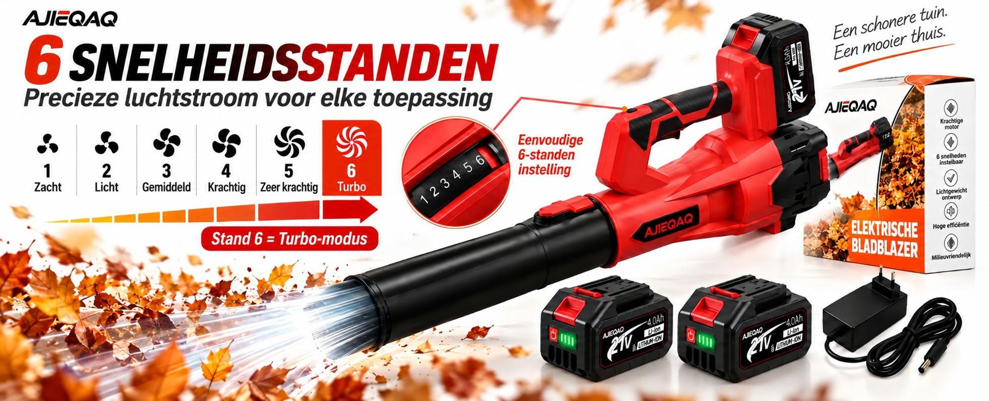 Accu Bladblazer 21V Brushless, 2×4,0Ah Accu’s, 320 km/u, 6 Standen met Turbo, 1000W, Draadloze Bladblazer met 2 Buizen