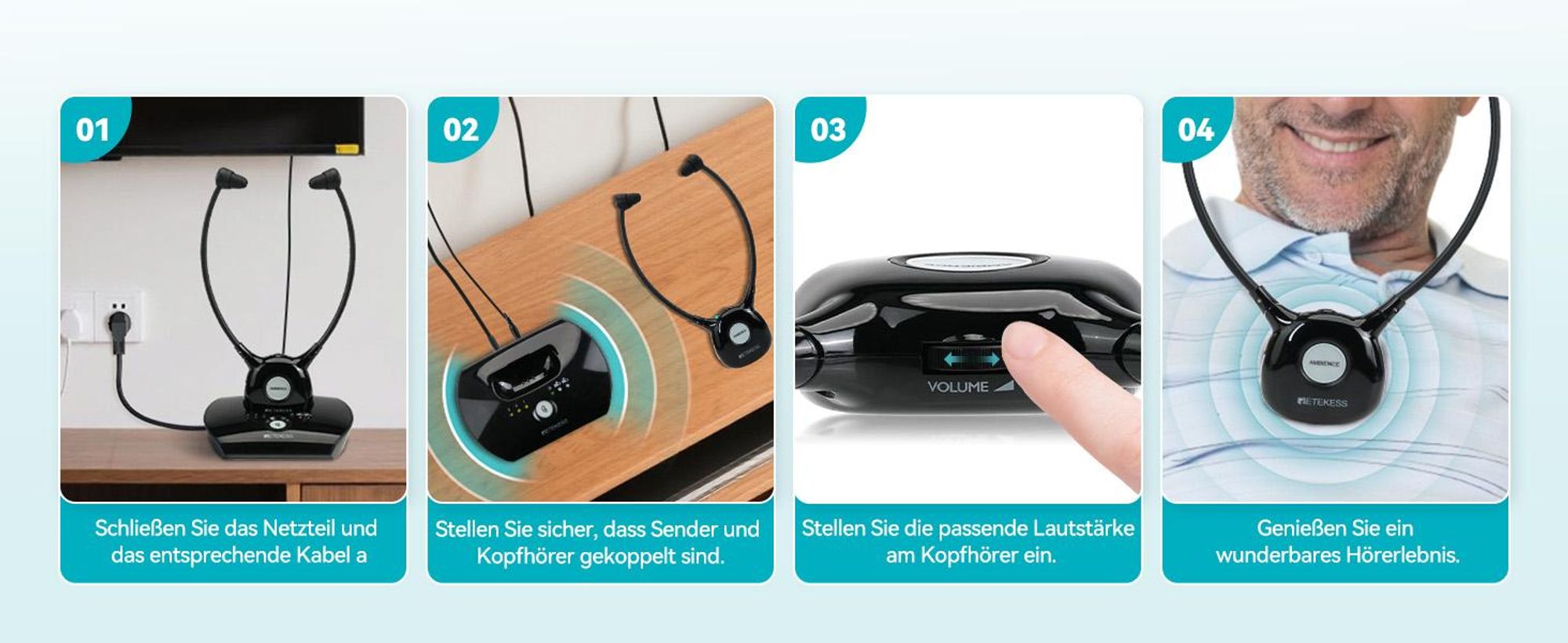 Retekess TA008 TV Kopfhörer, In-Ear mit Hörunterstützung, 2,4 GHz niedrige Latenz, unabhängige Lautstärkeregelung für LR, Funkkopfhörer für Senioren