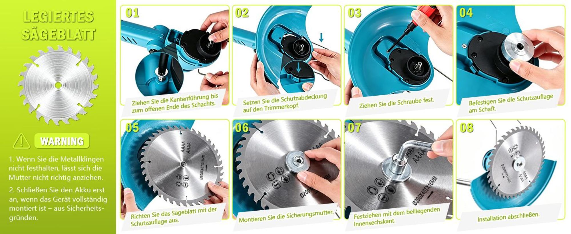 Akku Rasentrimmer 750W mit 2× 4000mAh Akkus 21V, 4 in 1 Bürstenloser Motor Rasentrimmer mit Unkrautbürste, Freischneider mit Messer und Ladegerät