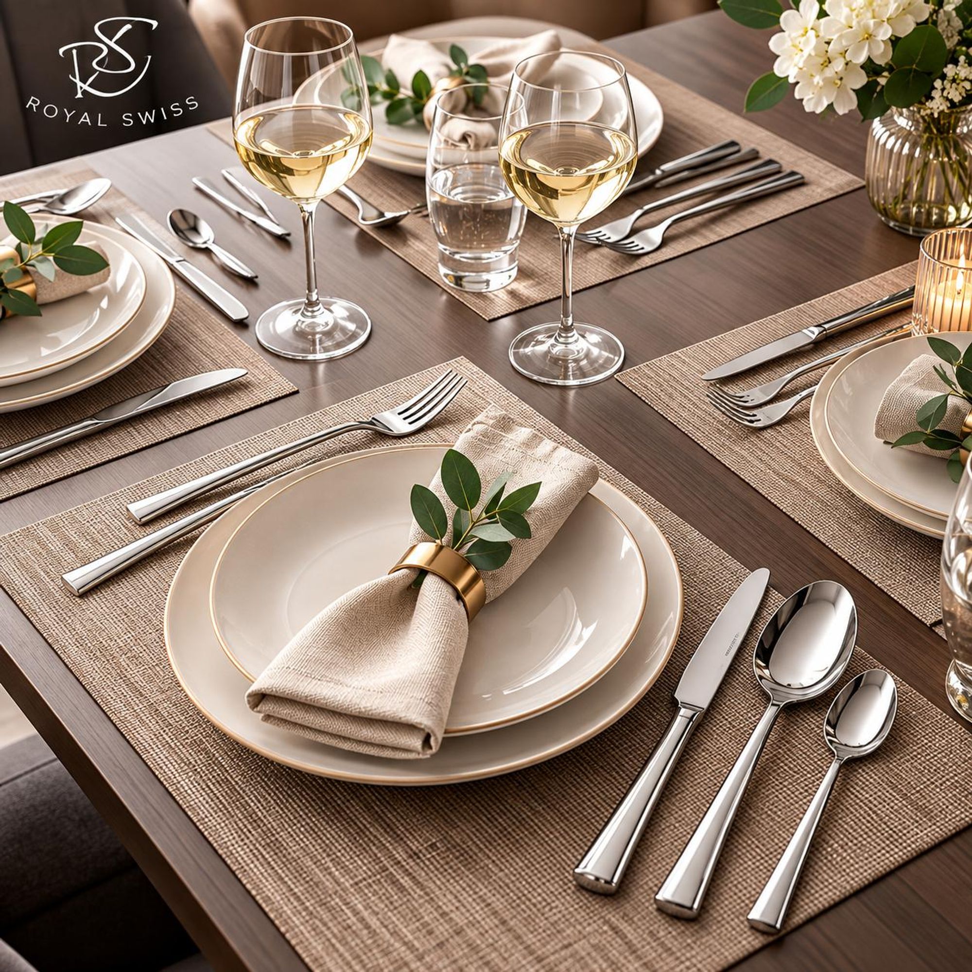 Royal Swiss 30-teiliges Edelstahl-Besteckset für 6 Personen auf einem elegant gedeckten Esstisch