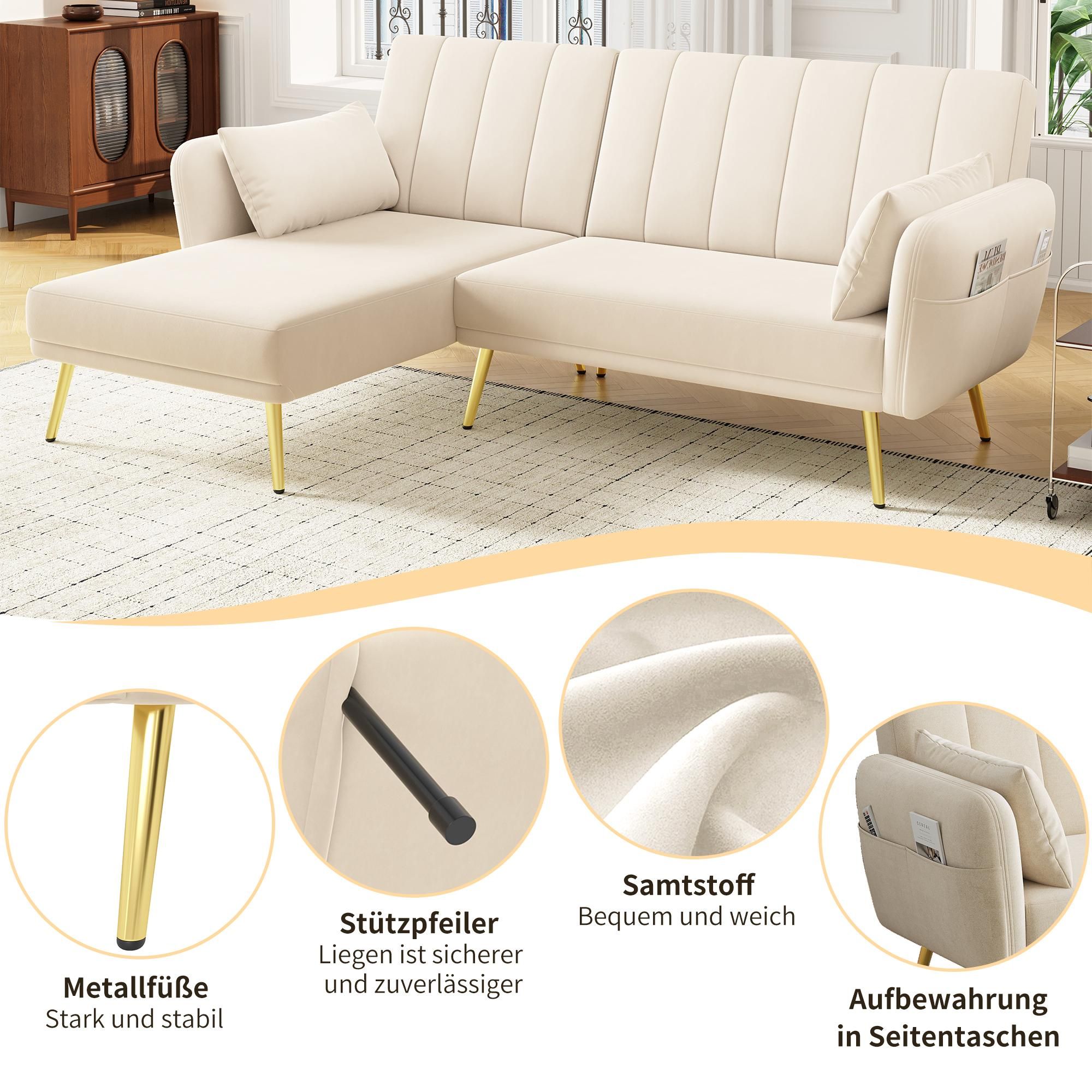 Merax Ecksofa mit Schlaffunktion, L-Form Klappsofa Schlafsofa, 3-stufig verstellbar, 3-Sitzer Sofa, Couch, Bettsofa, Wohnzimmersofa, Velvet, Beige