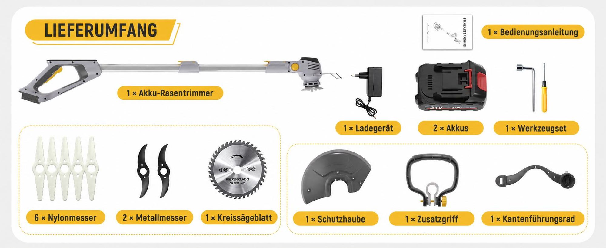 Traumheim Akku Rasentrimmer 21V, 3-in-1 Freischneider, 2x 2,0Ah Akku mit Ladegerät, Teleskopstiel, Kantenschneider, 3 Messerarten,für Garten und Rasen
