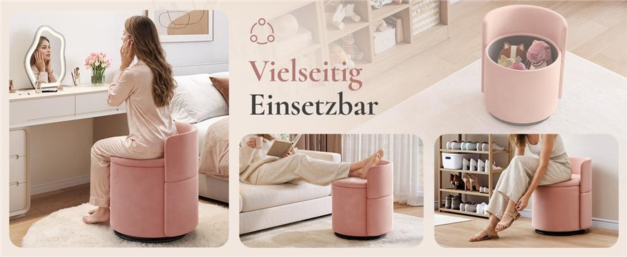 Yaheetech Drehbarer Sitzhocker mit Stauraum 40 L, gepolsterter Schminkhocker, Hocker für Schminktisch, aus Samtbezug, bis 136 kg, Rosa