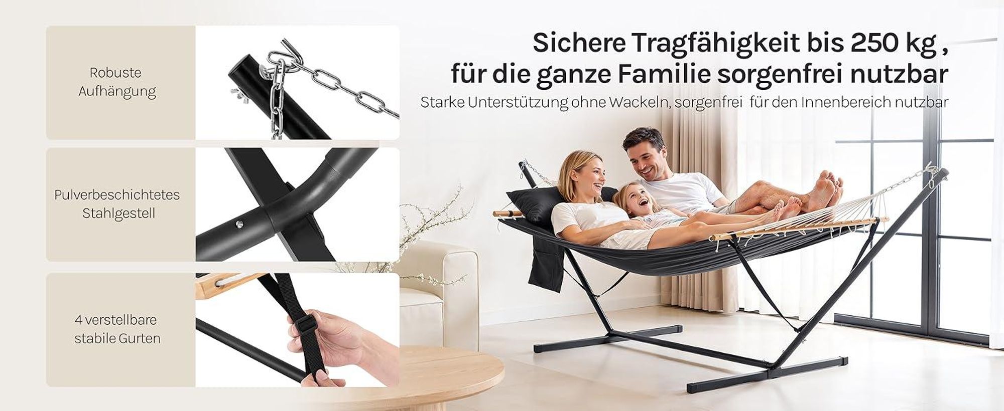 WOLTU Hängematte mit Gestell belastbar bis 250 kg für 2 Personen, Anthrazit