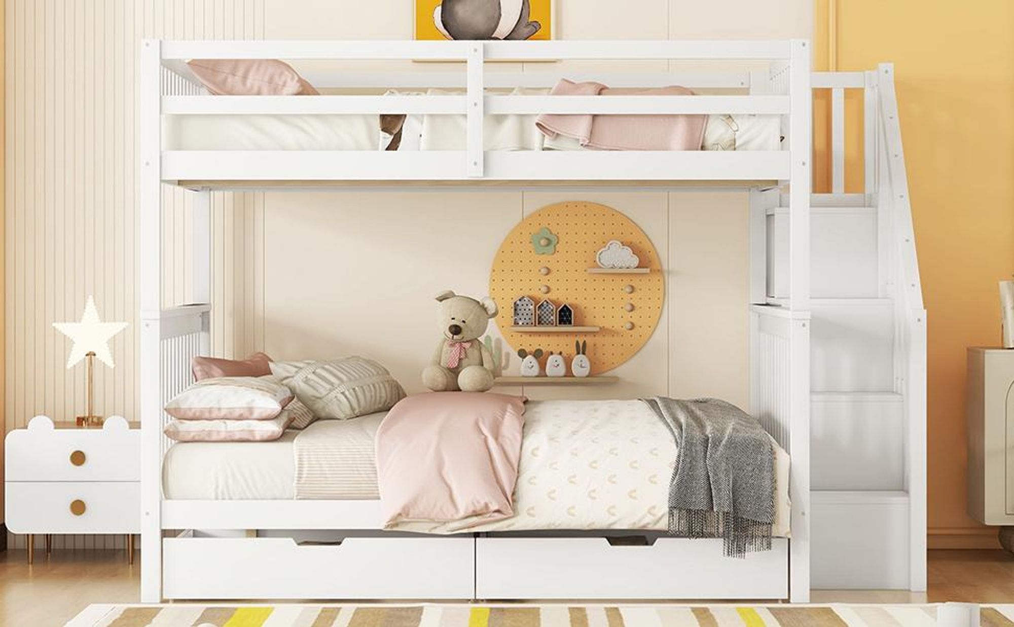 Merax Etagenbett 140x200 cm, Stockbett mit Lagertreppe, 2 Schubladen, hohem Geländer, Zäune, Hochbett, Kinderbett, Massivholzbett, Weiß