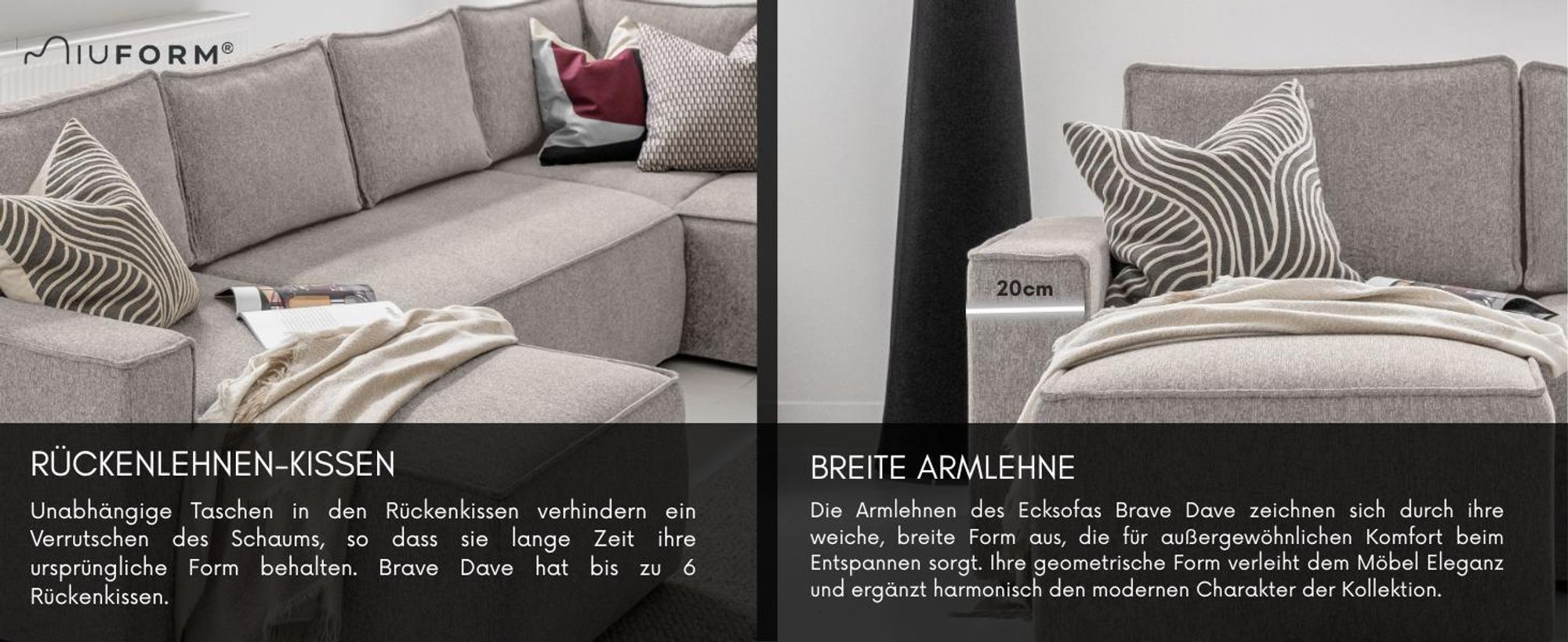 MIUFORM Brave Dave - Ecksofa mit Bettfunktion und Bettkasten U-FORM RECHTS - 322x194cm - Flaschengrün - Sofa Schlafsofa Couch