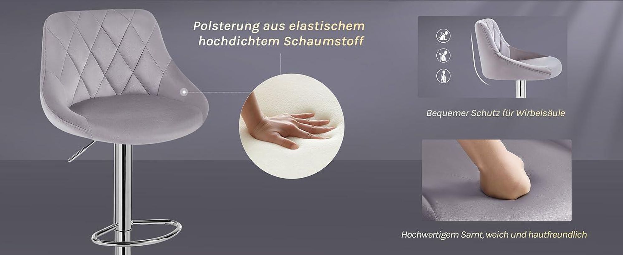 WOLTU 2er-Set Barhocker Barstuhl mit gepolsterter Sitzfläche aus Samt , höhenverstellbar drehbar, Hellgrau