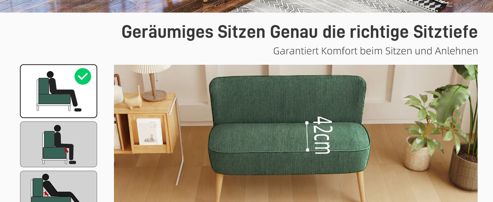 HOMCOM 2 Sitzer Sofa, Gepolsterte Couch mit Kordoptik, Holzbeine für Wohnzimmer