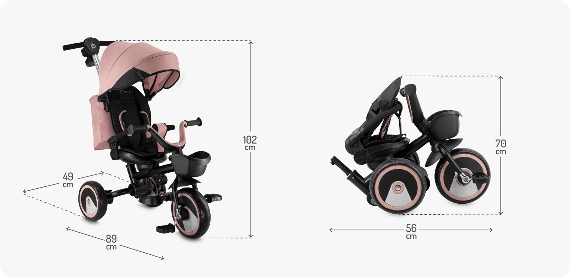 MoMi IVI Kinderdreirad 3-in-1 Rosa – 360° drehbarer Sitz, 3-Punkt-Gurt, höhenverstellbare Schiebestange, Sonnendach, PolyurethanRäder, Frontkorb – ab 9 Monaten