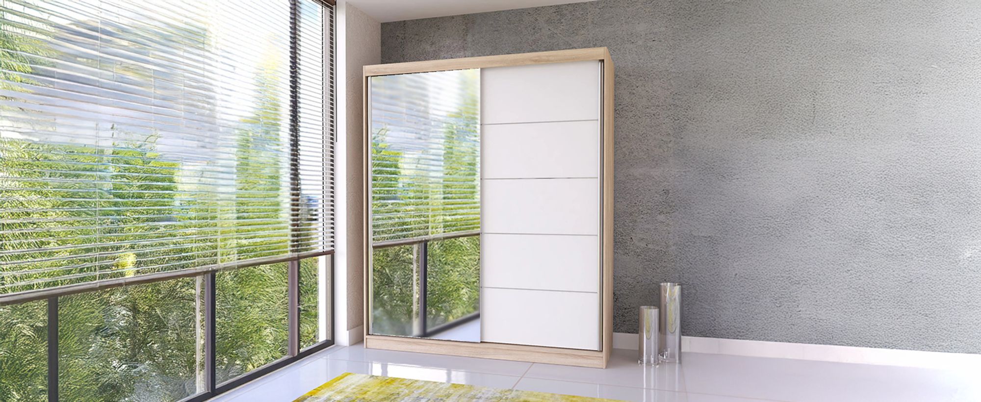 Schwebetürenschrank Kleiderschrank Bella 03, 183 cm, Sonoma/Weiß, mit Spiegel