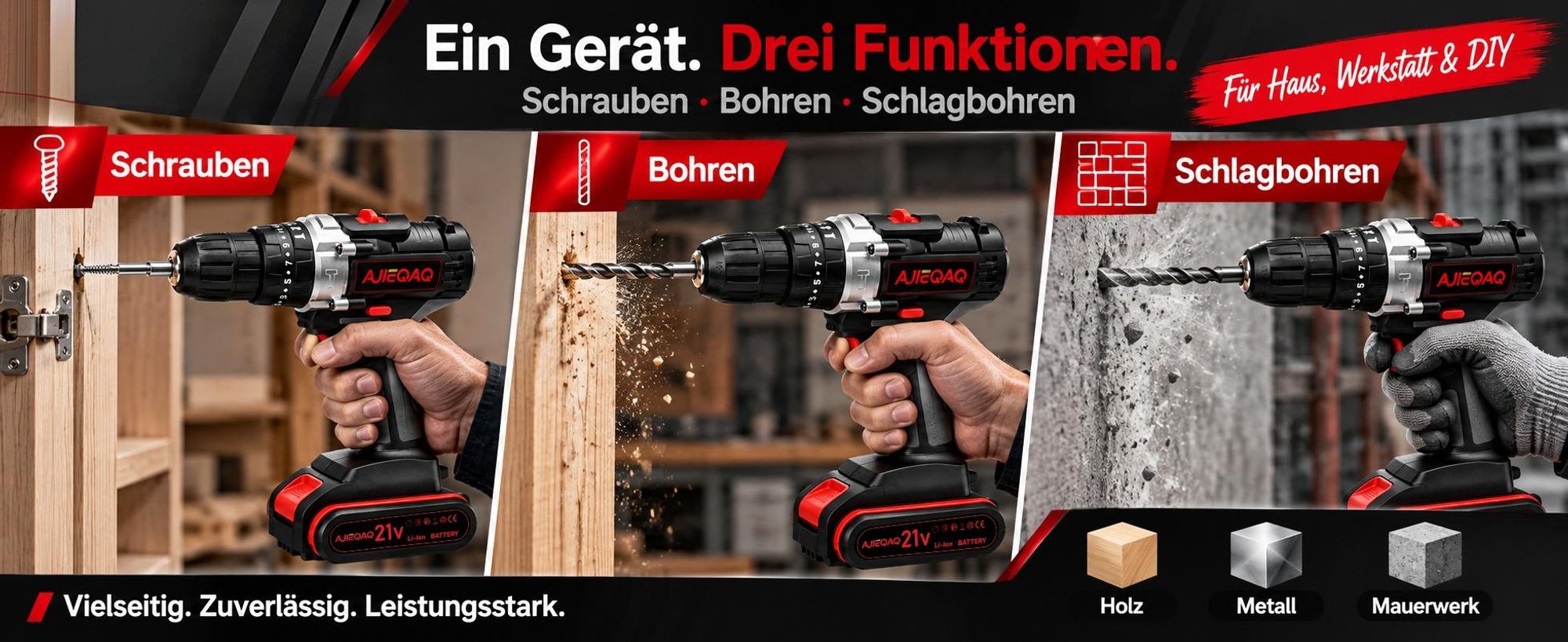 Akkuschrauber 21V Set, 3-in-1 Akku-Schlagbohrschrauber mit 2×2.0Ah Akkus, 45Nm, LED Arbeitslicht, Zubehör & Koffer