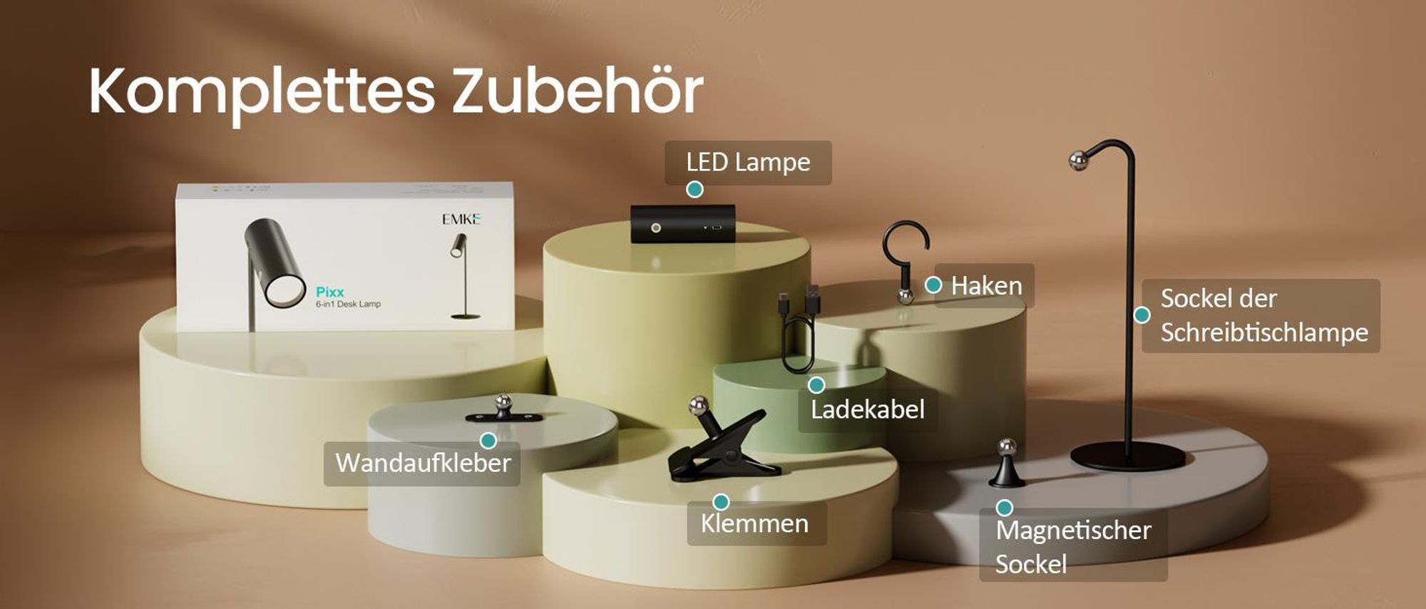 EMKE Tischlampe LED 5-in-1 design Dimmbare Schreibtischlampe Kabellos, USB-C Aufladbar 3 Lichtfarben Multifunktionale Klemmleuchte & Wandlampe Schwarz