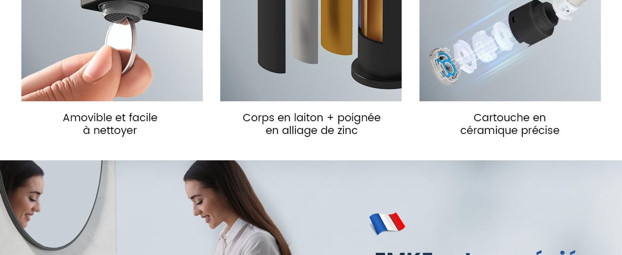 EMKE Robinet salle de bain noir mat 335x233x46mm, laiton, cartouche céramique, robinet salle de bain, mitigeur lavabo, mitigeur lavabo