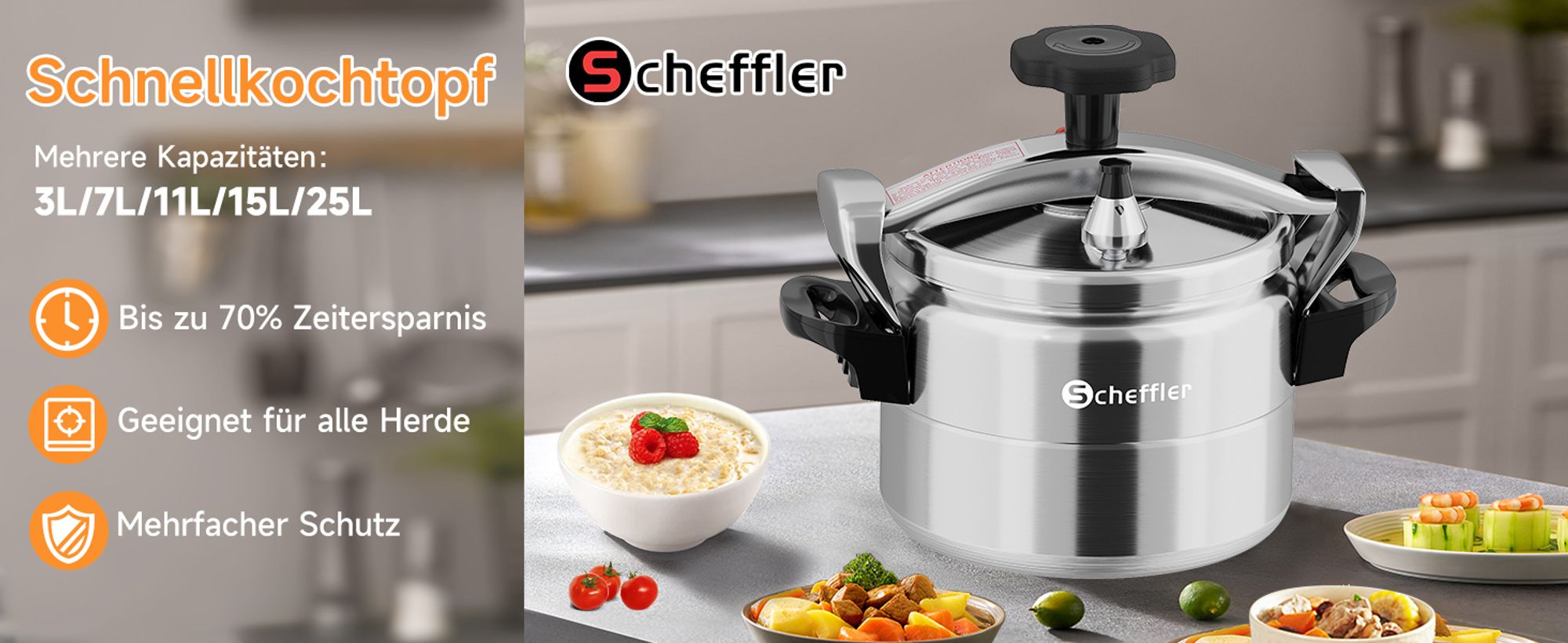 Schnellkochtopf Scheffler Schnellkochtopf Induktion Dampfkochtopf (3 L, Ø 18cm), für alle Herdarten, Pressure Cooker Mit 3 Sicherheitssystem
