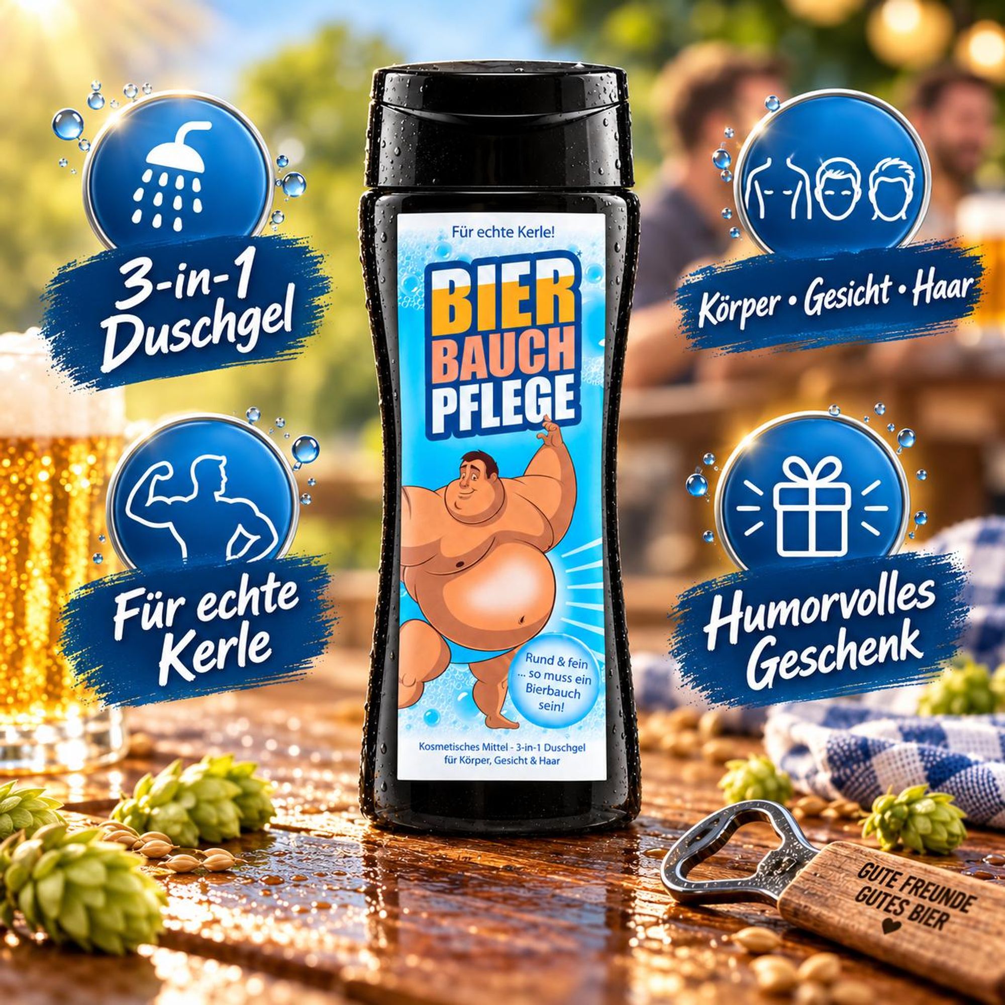 Bierbauchpflege Duschgel – Witziges Geschenk für Biertrinker, Papa und Ehemann