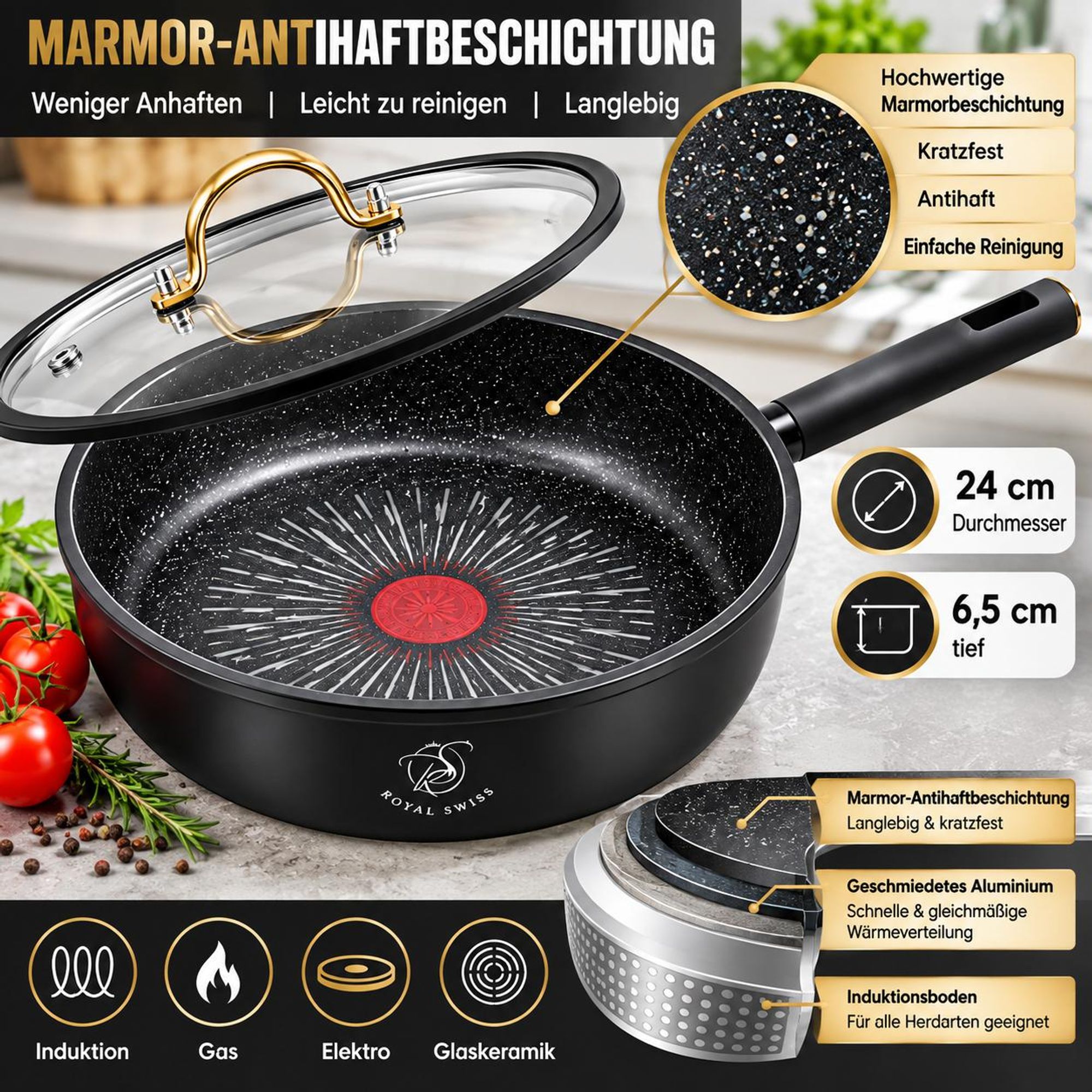 Schmorpfanne 24 cm Antihaft mit Glasdeckel Marmorbeschichtung Für Induktion