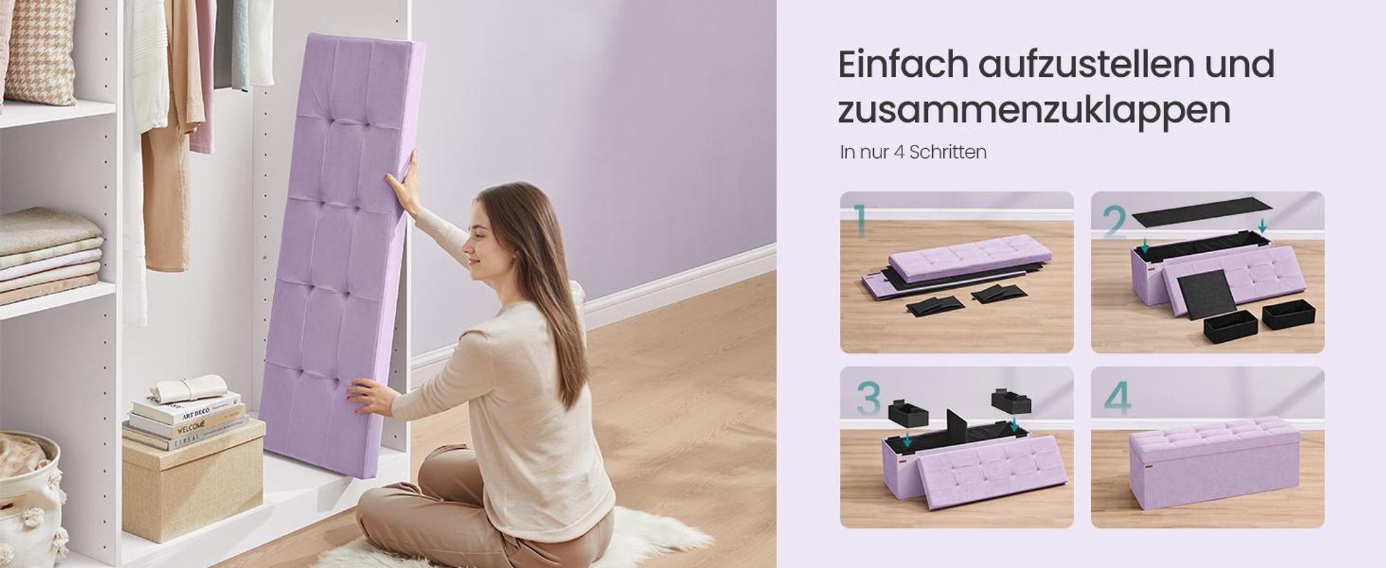 SONGMICS Sitzbank mit Stauraum, klappbare Sitztruhe, 2 extra Aufbewahrungsboxen, 38 x 110 x 38 cm, bis 300 kg belastbar, lavendellila