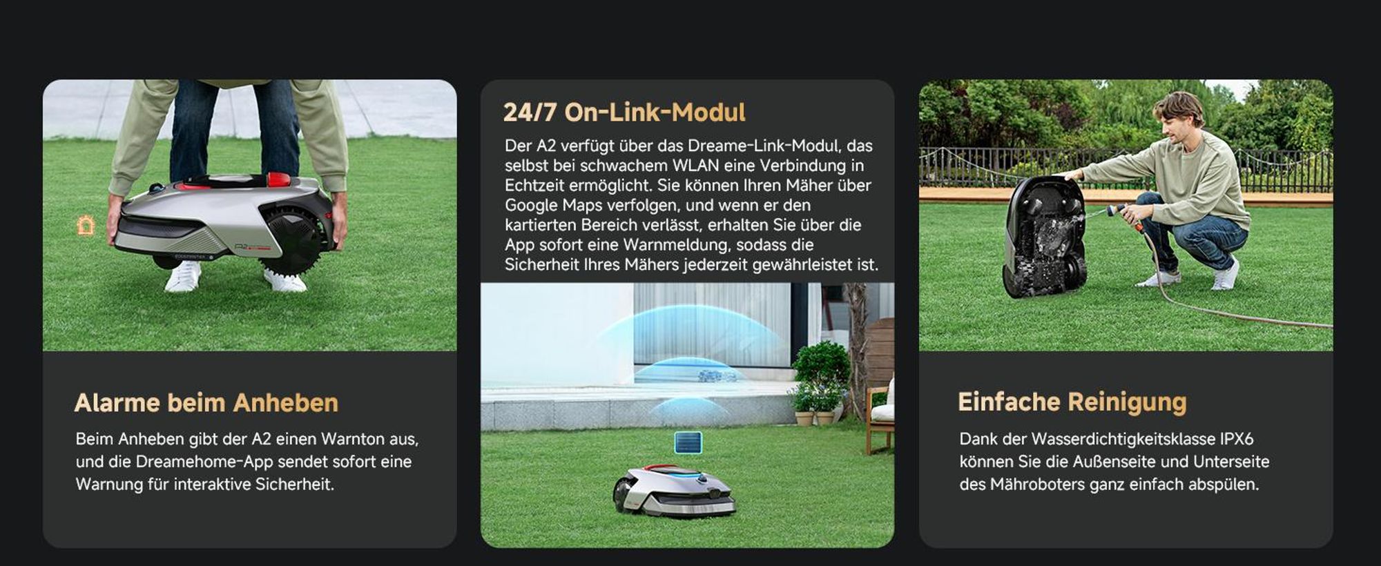 DREAME A2-1200 Akku-Mähroboter mit RKT,1200m²,360° 3D-LiDAR&KI-Vision,26,5° Steigung,U-förmige Mähbahn,5cm EdgeMaster Präzisionsschnitt,Dual-Map,App